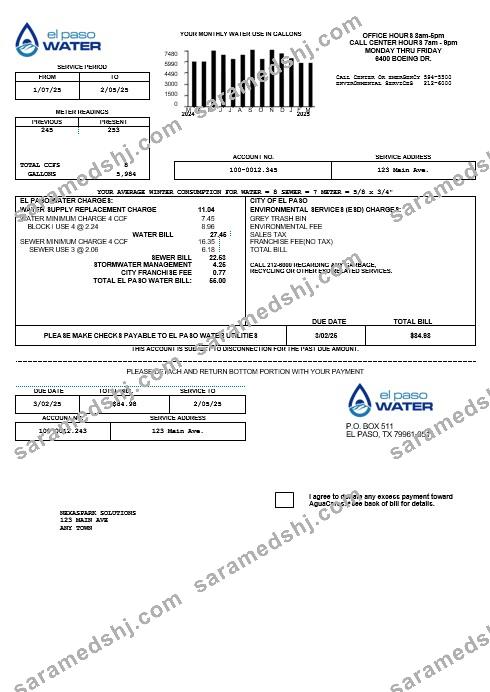 USA Texas El Paso Water business utility bill template in Word and PDF formats